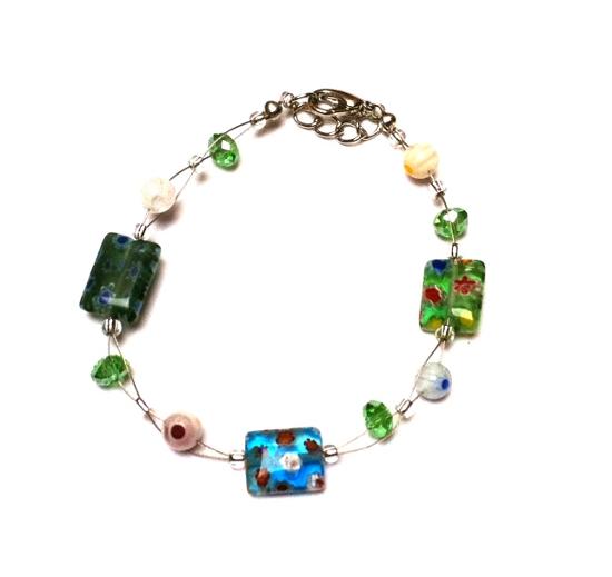 Muranoglas Glasperlen Perlen Armband grün bunt Blumen Damen nickelfrei 18-20 cm verstellbar