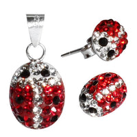 Cargar imagen en el visor de la galería, Glitzerschmuckset Marienkäfer rot weiß  Kristall Zirkonia Anhänger Ohrstecker 925er Silber Schmuck
