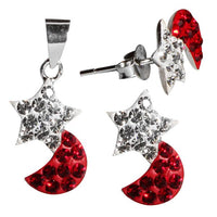 Cargar imagen en el visor de la galería, Glitzerschmuckset Mond Stern weiß rot Kristall Zirkonia Anhänger Ohrstecker 925 Silber Damen Schmuck
