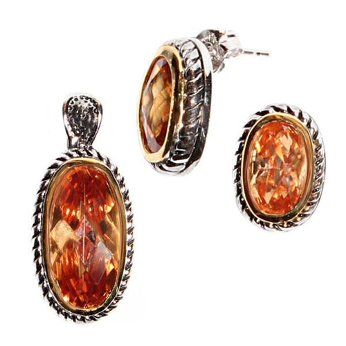 Schmuck Set oval Zirkonia vergoldet gold orange Anhänger Ohrstecker 925er Silber