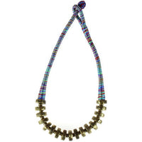 Cargar imagen en el visor de la galería, Kette Messing Scheiben bunt gold Blumen Seidenfaden nickelfrei 46 cm antik Tribal Brass
