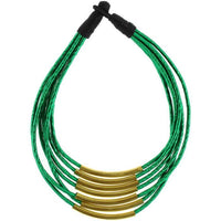 Cargar imagen en el visor de la galería, Kette Messing grün Rohre gebogen Seidenfaden mehrlagig nickelfrei 46 cm antik Tribal Brass
