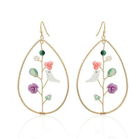 Load image into Gallery viewer, Set Kette Ohrringe 18 karat vergoldet Tropfen Vogel Rose nickelfrei Steine Perlmutt grün lila rosa

