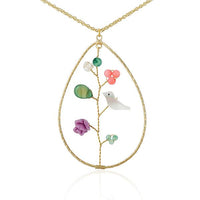 Load image into Gallery viewer, Set Kette Ohrringe 18 karat vergoldet Tropfen Vogel Rose nickelfrei Steine Perlmutt grün lila rosa
