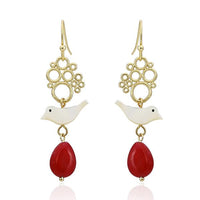 Load image into Gallery viewer, Set Kette Ohrringe 18 karat vergoldet rot Tropfen Vogel Kreise nickelfrei Stein Perlmutt weiß
