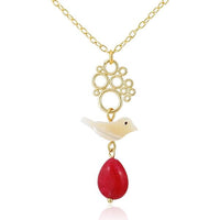 Load image into Gallery viewer, Set Kette Ohrringe 18 karat vergoldet rot Tropfen Vogel Kreise nickelfrei Stein Perlmutt weiß
