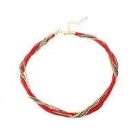 Load image into Gallery viewer, This Set Kette Armband features twisted red cords and gold 18-karat plated chains, crafted from nickelfrei materials for comfort. Part of a vergoldetes Leder Schmuckset in red, green, and beige, it includes an adjustable gold clasp.
