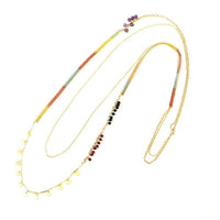 Load image into Gallery viewer, Kette 18 karat vergoldet Faden Regenbogen Plättchen Stein Perlen nickelfrei Karabiner lang zweilagig
