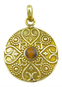 Cargar imagen en el visor de la galería, Messing Anhänger Tigerauge braun Herz Kreise Stein golden Kette nickelfrei antik Schmuck Tribal
