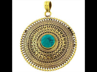 Cargar imagen en el visor de la galería, Messing Anhänger Türkis Kreise Zopf 63 mm facettiert antik golden Kette nickelfrei Schmuck Tribal
