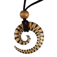 Load image into Gallery viewer, Kette Holz Tiger Spirale Anhänger hell Lederband Holzperlen verstellbar bemalt 75 cm
