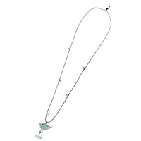 Load image into Gallery viewer, Stoffband Kette schwarz goldfarben Brass oxidiert Vogel Stein blau grün
