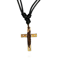 Load image into Gallery viewer, Baumwolle Kette schwarz Anhänger Kreuz mit Feder Brass antik golden
