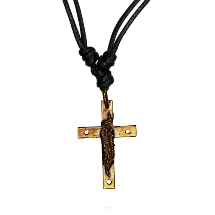 Baumwolle Kette schwarz Anhänger Kreuz mit Feder Brass antik