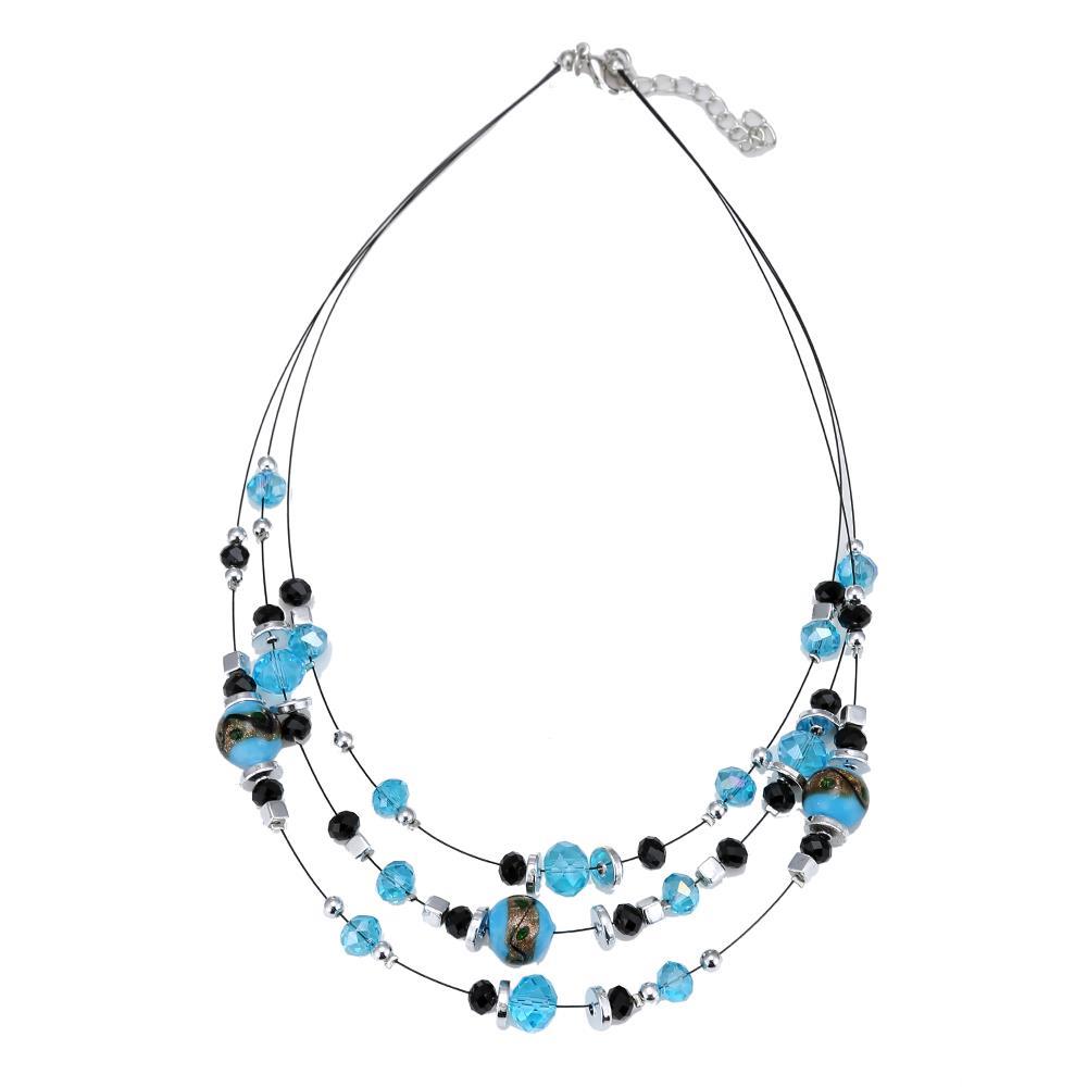 Schmuckset Kette Perlen blau schwarz Glasperlen Ohrringe blau Halskette Damen Schmuckdraht verstellbar ca 46 cm