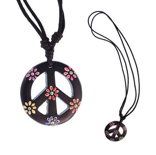 Kette Sono Holz Peace Anhänger schwarz Blumen bunt 33 mm verstellbar Baumwolle Hippie