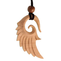 Load image into Gallery viewer, Kette Holz Flügel Spirale Anhänger helles gelbbraun Lederband verstellbar Holzperle
