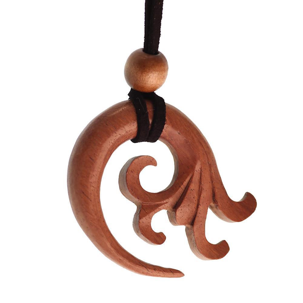 Kette Holz Spiralen Ornament Anhänger mittelbraun Lederband verstellbar Holzperle