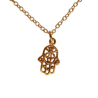 Load image into Gallery viewer, Messing golden Anhänger Khamsa Hand 17 mm verziert mit Kette Karabiner
