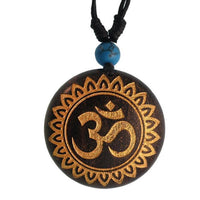 Cargar imagen en el visor de la galería, Holzkette golden Om-Blume Türkis Stein Sonoholz Baumwolle verstellbar unisex
