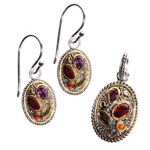 Schmuck Set Zirkonia Silber vergoldet gold rot lila grün Kreise Anhänger Ohrringe 925er