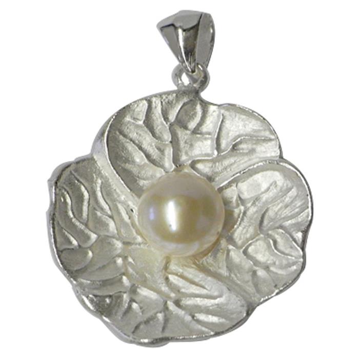 Silberanhänger, blattförmiger Damenanhänger aus Sterling Silber 925 mit einer Perle in der Mitte