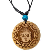 Cargar imagen en el visor de la galería, Holzkette rund verstellbar Baumwolle Om Buddha Maske golden silbern natur
