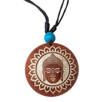 Cargar imagen en el visor de la galería, Holzkette rund verstellbar Baumwolle Om Buddha Maske golden silbern natur
