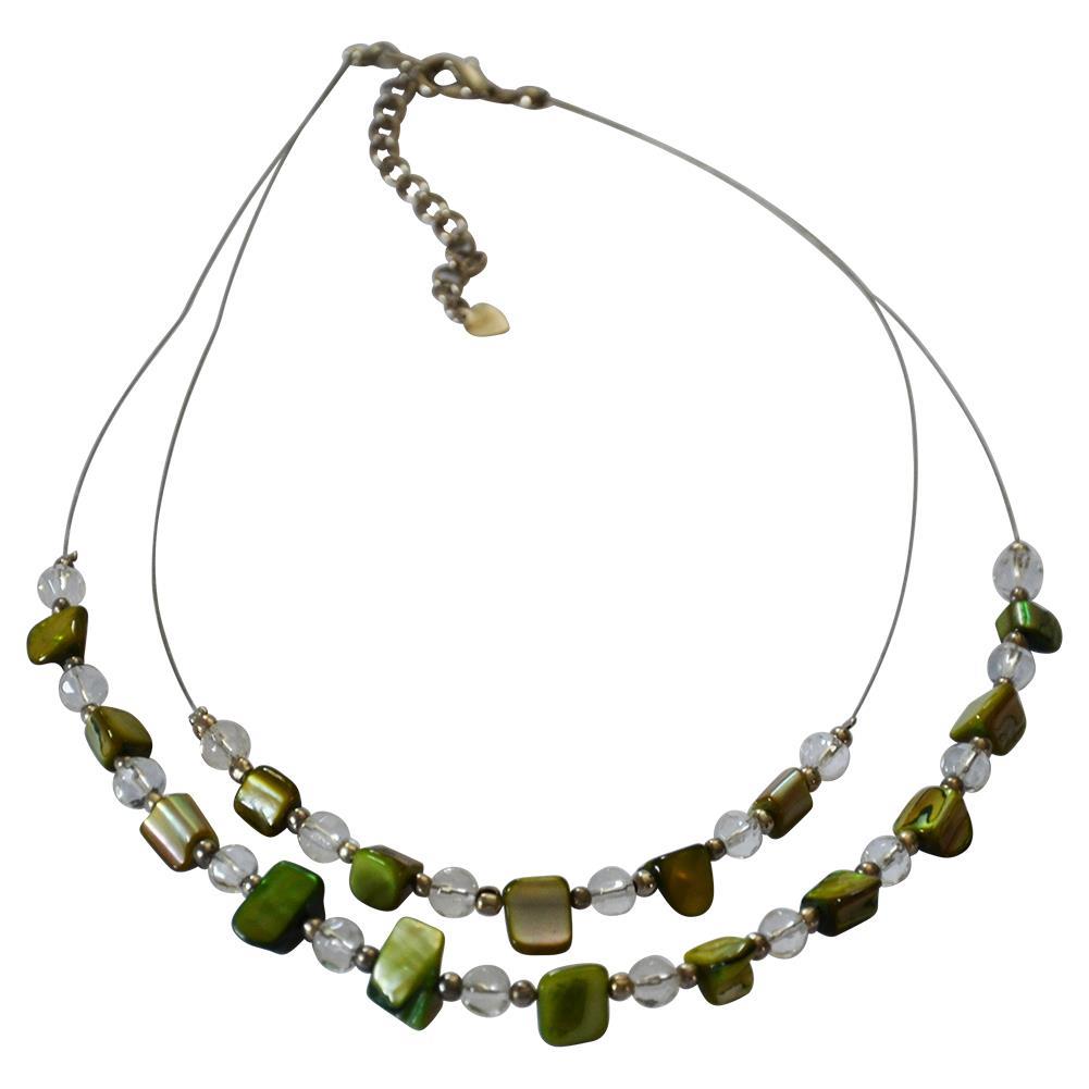 Halskette zweilagig grün Glasperlen Perlmutt Splitter