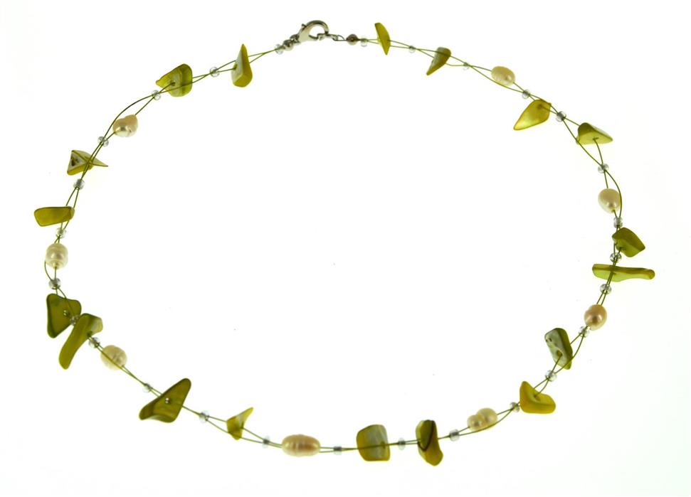 Kette Steinsplitter Perlen Glasperlen Damen Zuchtperlen Schmuck oliv grün weiß 42 cm nickelfrei