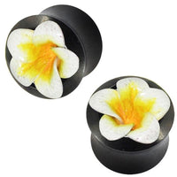 Load image into Gallery viewer, Holzplug Lederblume gelb weiß Eisenholz schwarz handgeschnitzt Tribal Holz Plug Tunnel Expander
