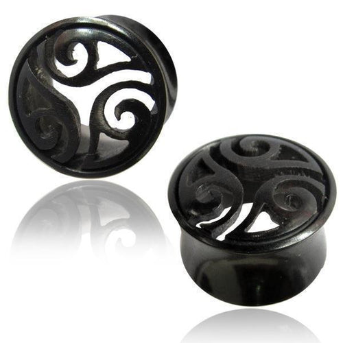 Tribal Horn Plug Tunnel schwarz Horntunnel ausgeschnitzte Ornamente Organic Expander Tribal Piercing