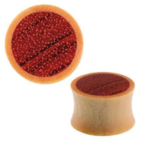 Cargar imagen en el visor de la galería, A pair of Holz Plug Flesh Tunnel Teakholz hell dunkel Inlay double flared, featuring a circular face resembling a watermelon with a red center, black seeds, and light brown rind—adds playful charm to any collection.
