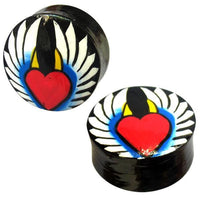 Cargar imagen en el visor de la galería, Holz Plug Herz Engel Flügel Teufel Hörner Teakholz schwarz rot gelb weiß Tunnel Unisex Ohrschmuck Ohrstecker
