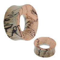 Load image into Gallery viewer, Two hand-carved Tribal Mangoholz Tunnel plugs with natural grain, light tan color, and flared edges. One Ohrstecker is upright, the other on its side to show both the side and front view.
