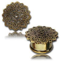 Load image into Gallery viewer, Brass Plug antik golden Blume filigran nickelfrei Tunnel Organic Messing Ohrschmuck
