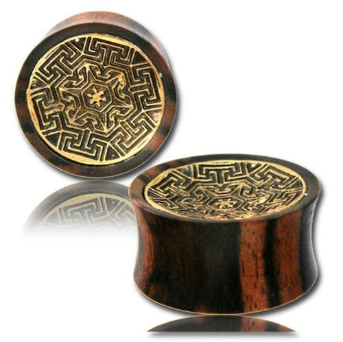 Holz Plug Tamarindenholz Labyrinth Blume Brass Inlay antik gold Tribal Tunnel Organic Expander