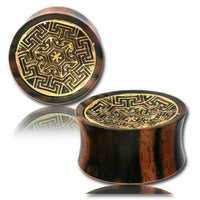 Load image into Gallery viewer, Holz Plug Tamarindenholz Labyrinth Blume Brass Inlay antik gold Tribal Tunnel Organic Expander
