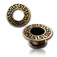 Load image into Gallery viewer, Two round Brass Tunnel plugs with a Greek key pattern and antique gold finish. One lies flat, the other stands on its side, showing the hollow center. Nickelfree, organic Messing Expander Ohrschmuck for a classic touch.
