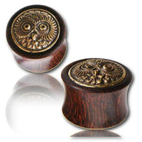 Cargar imagen en el visor de la galería, Tamarinden Holz Plug schwarz Brass Inlay Eule Tunnel gold antik nickelfrei Tribal Expander Organic
