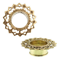 Load image into Gallery viewer, Two views of the Brass Tunnel Rauten Bögen Plug in antique gold, made from nickel-free brass. Features an ornate, lacy floral design with an open circular center; one view shows the top, the other the side.
