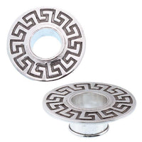 Load image into Gallery viewer, Two round 925 Sterling Silber Tunnel Plugs in griechisch Design, featuring a Greek key pattern and large center hole, ideal as organic Expander Ohrschmuck for Tribal Tunnel jewelry. Shown from top and angled side views.
