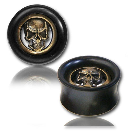 Eisenholz Tunnel schwarz Brass Inlay Totenschädel antik golden Tribal Expander Plug Holz