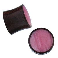 Cargar imagen en el visor de la galería, The Holz Plug Sonoholz rosa schillernd Resin Inlay double flared features two round, dark brown plugs with shimmering pink resin centers—one upright and one flat—ideal as stylish jewelry for stretched ear piercings.
