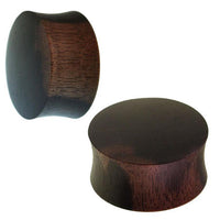Load image into Gallery viewer, Two cylindrical, dark brown Holzplug Eisenholz dunkel leicht konvex double flared plugs with slightly convex sides, shown from different angles on a white background.

