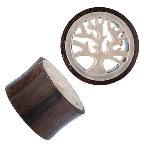 Holz Plug Tamarinde Tunnel Perlmutt Baum des Lebens handgeschnitzt Tribal Expander