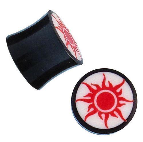 Horn Plug schwarz Inlay weiß rot Sonne Flesh Tunnel Organic Expander Tribal Piercing