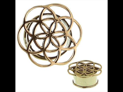 Brass Tunnel Blume des Lebens wellig überstehend golden Messing Expander Plug antik Schmuck