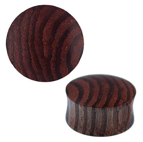 A round, brown-striped Tribal Holzplug Zebraholz handgeschnitzt is shown from the top and at an angle, highlighting its flat surface, curved side, and distinctive natural grain patterns.