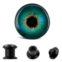 Load image into Gallery viewer, The Schraub Plug Acryl Auge grün blau Pupille Tunnel Expander Piercing Ohrschmuck shows a green-blue eye iris design, displayed from the front, side, and back.
